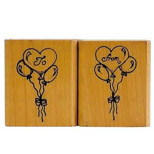 VTG Embossing Arts To & From Rubber Stamp Set 2 Pc Heart Balloon Wood Mounted